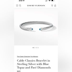 David Yurman, 5MM, Blue Topaz Classic Cable LIKE NEW